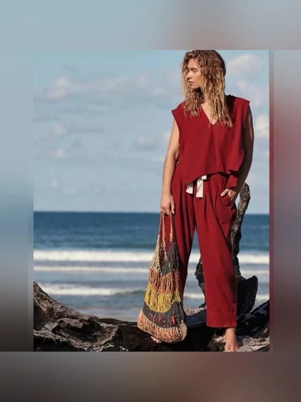 FREE PEOPLE Beach Wide Leg Cropped Day Tripper Pants Ribbed Red Size Medium